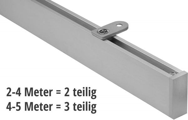 Eckige Vorhangschiene 200-500cm mehrteilig mit Innenlauf für Deckenmontage modern in Silber inkl. Zu
